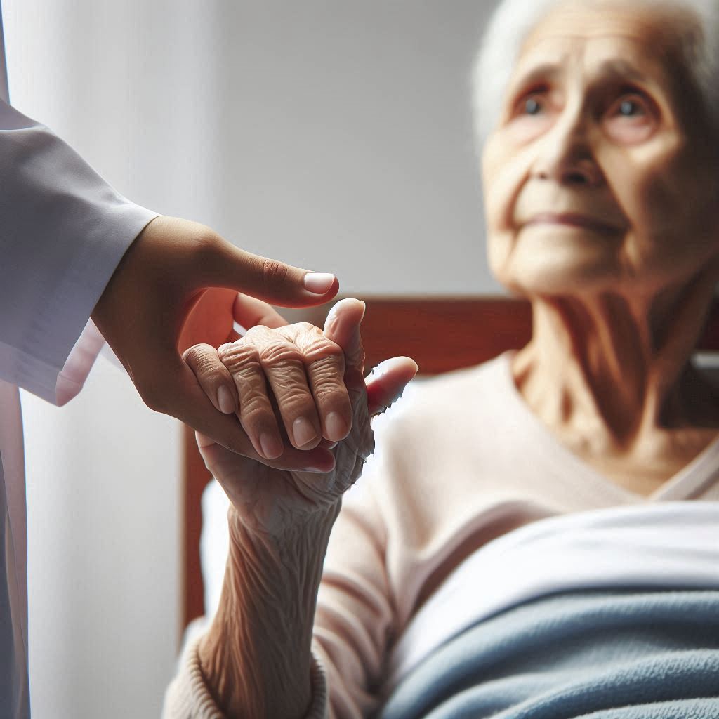 a young hand reaching to the hand of an old person